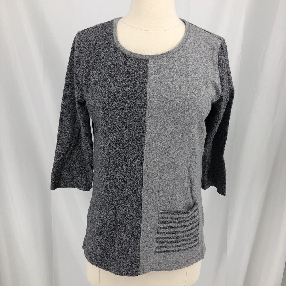 Weekends by Chico's Colorblock Top Women's Size Small Stripe Gray 3/4 Sleeve